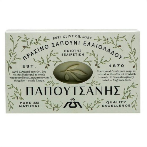 Greckie tradycyjne mydło z oliwką z zielonych oliwek Papoutsanis 250g.jpg