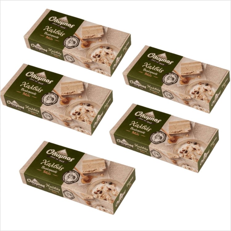 Oryginalna, grecka chałwa ekologiczna z miodem Olympos 250g (zestaw 5 sztuk).png