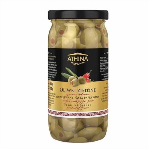 Oliwki zielone nadziewane pastą paprykową Athina 360g