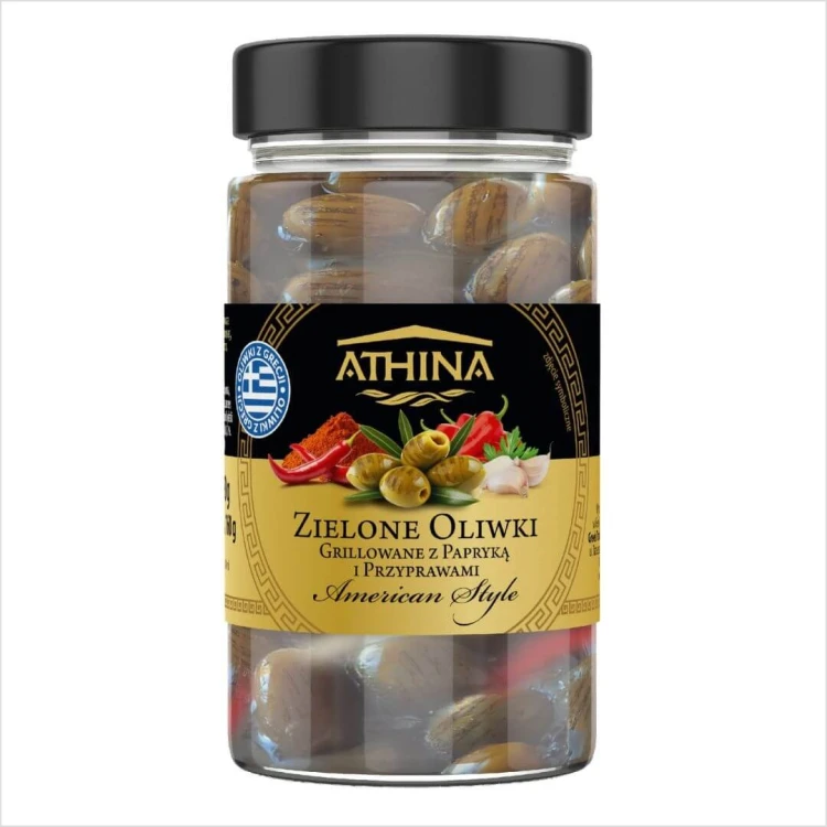 zielone oliwki grillowane z papryka i przyprawami American Style 300ml Athina.jpg