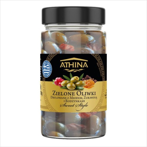Zielone oliwki drylowane z miodem, żurawiną i rodzynkami Sweet Style 300ml Athina.jpg