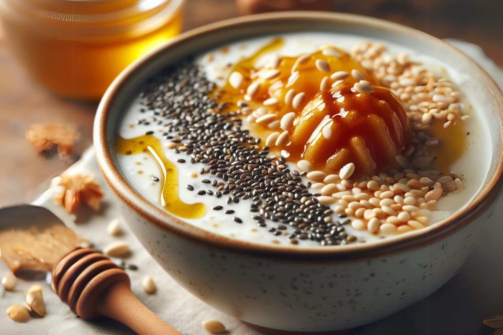 Pudding z nasion chia, tahini i miodu. Obraz wygenerowany przez AI